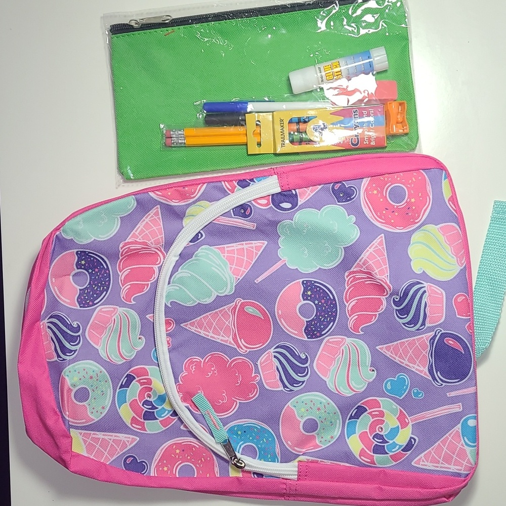 Young Girl's Bagpack with  Pencils. and Crayons. Marker &eraser.Ice cream/NNT